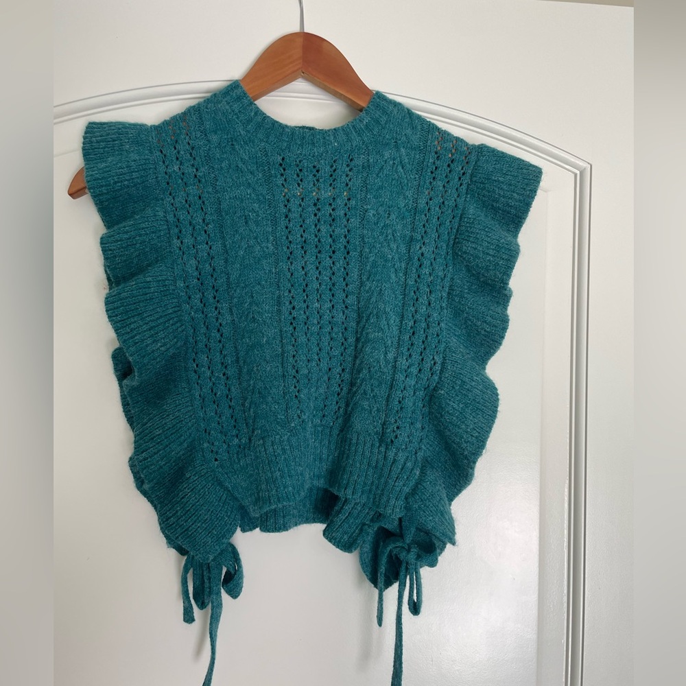 Teal Ruffle Knit Women’s Sweater Pullover Vest Poncho